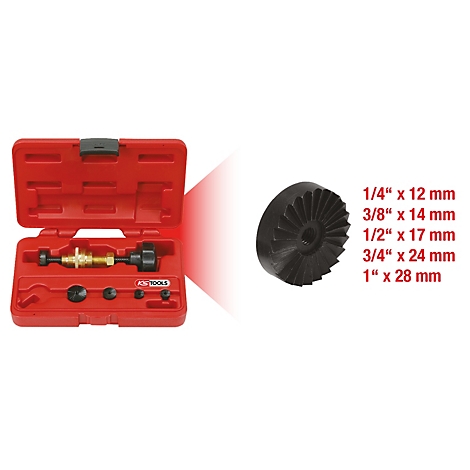 Ein Werkzeugkoffer mit verschiedenen Werkzeugen und ein Zahnrad mit Größenangaben.